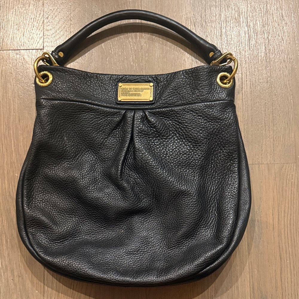 Marc Jacobs Black Leather Hobo Bag with Gold Accents